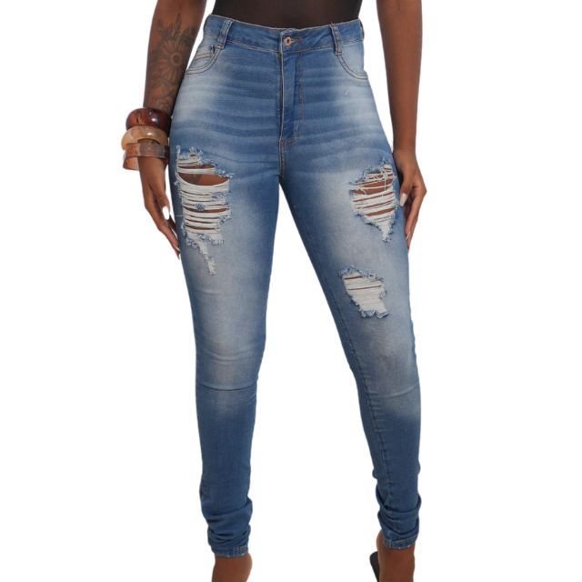 Calça Jeans Feminina Skinny Destroyed Cintura Alta