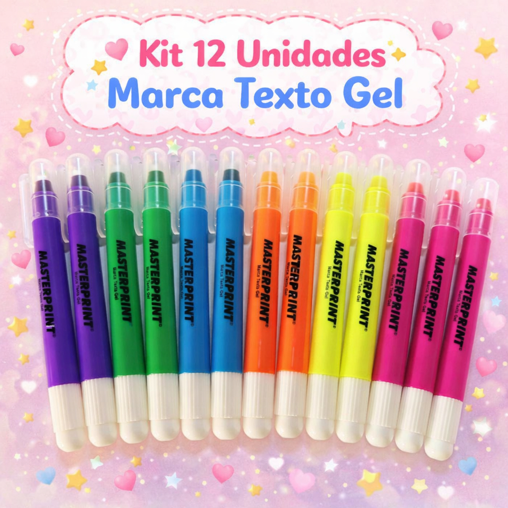 Kit 12 Canetas Marca Texto Gel Masterprint 2 Amarela 2 Laranja 2 Rosa 2 azul 2 roxa 2 verde