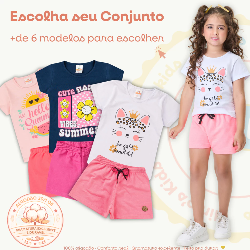 Conjunto Infantil Feminino Menina Verão Blusa + Short Tamanho 1 ao 14 Anos