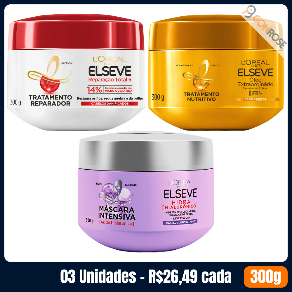 Kit com 3 Máscaras Cronograma Capilar L'Óreal Elseve (Reparação Total 5 + Óleo Estraordinário + Hialurônico) 300g cada em Oferta na Shopee