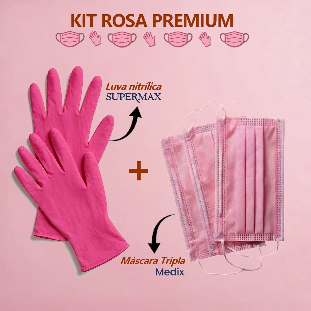 Kit Luva Nitrílica + Máscara Tripla Rosa Descartável TNT com ANVISA