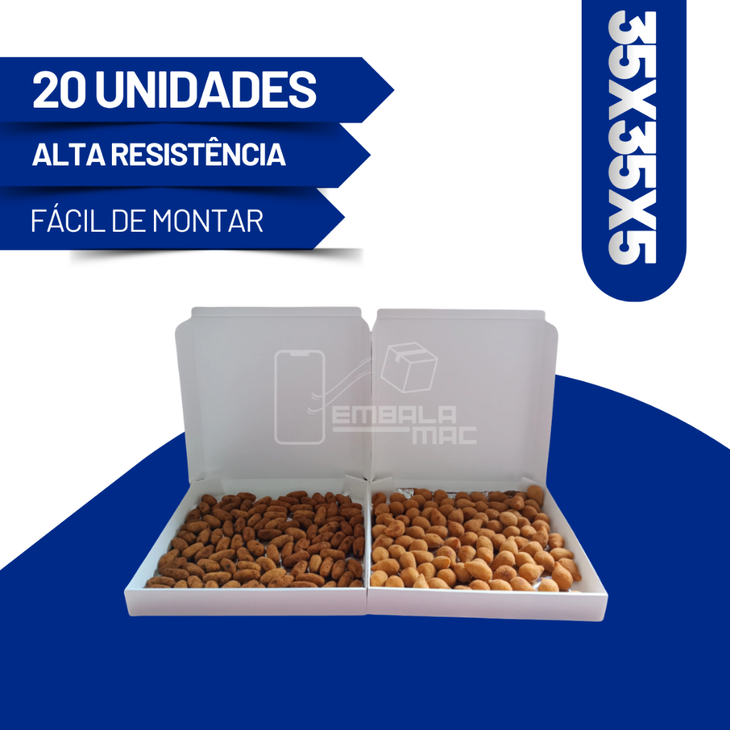 20 Caixas De Papelão 35x35x5 Branco Para Doces Salgados Calzone Esfihas Donuts Pizza Envios