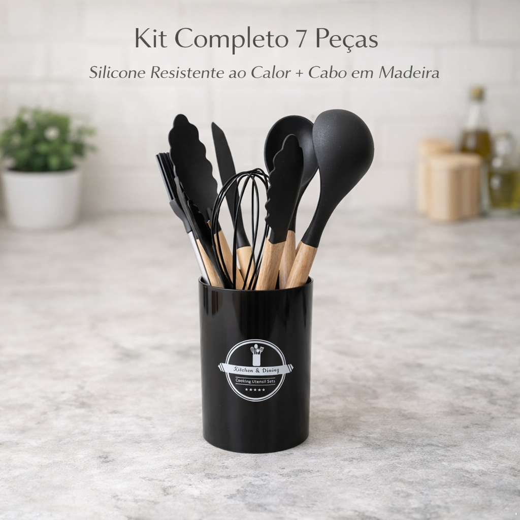 Kit Utensílios de Cozinha, Jogo Espátula Silicone, Fouet, Mexedor, Pincel, Pegador, Concha, Colher