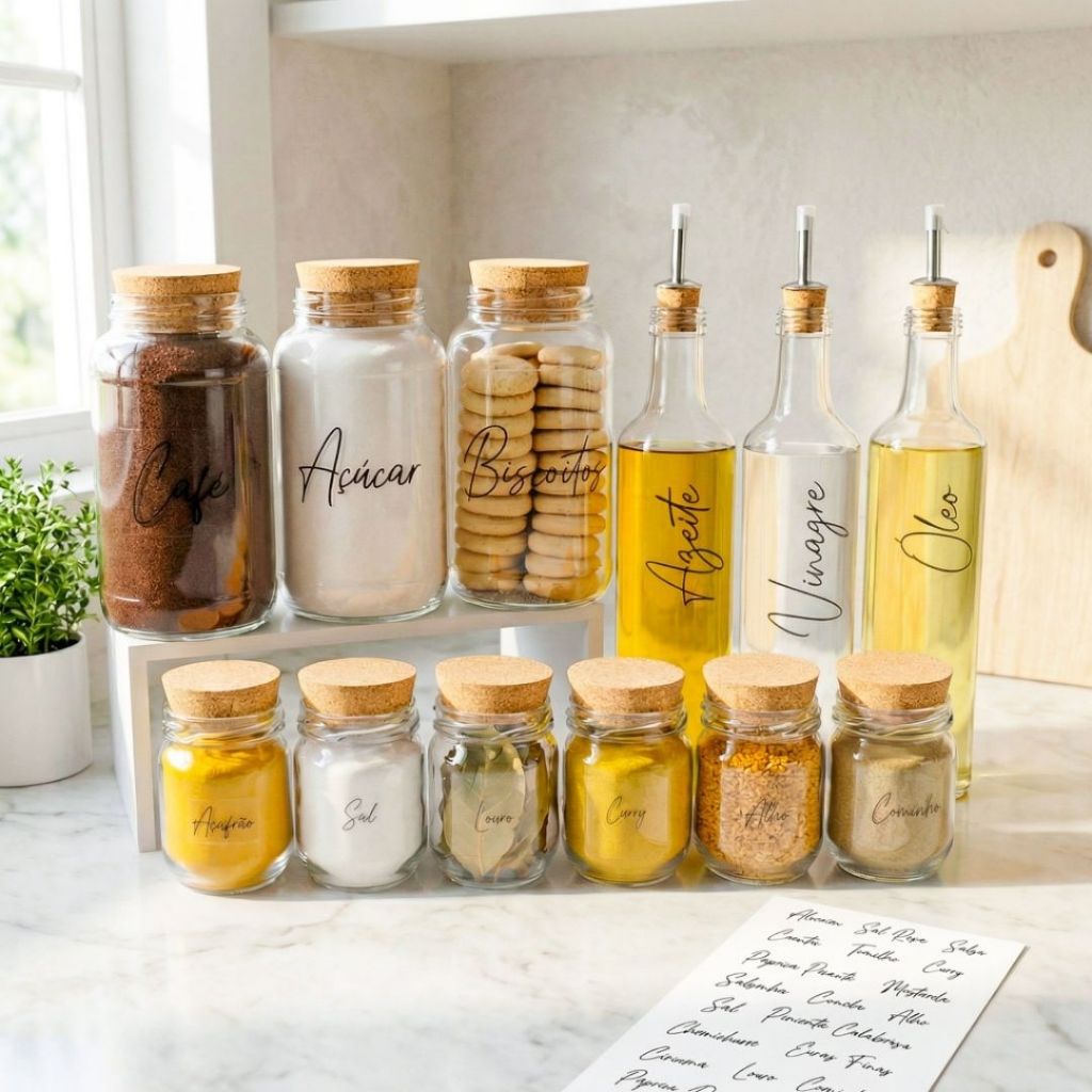 KIT 12 PEÇAS - 3 Potes Cantinho do Café, 6 Potes de Tempero com Etiquetas e 3 Galheteiros | Armazenamento Vidro, Cozinha em Oferta na Shopee