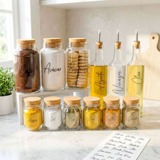 KIT 12 PEÇAS - 3 Potes Cantinho do Café, 6 Potes de Tempero com Etiquetas e 3 Galheteiros | Armazenamento Vidro, Cozinha em Oferta na Shopee