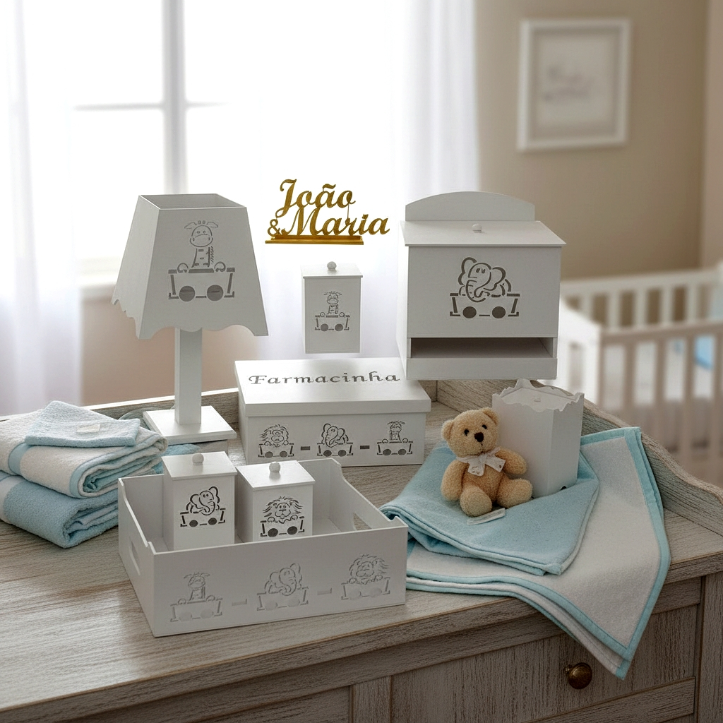 Kit Higiene farmacinha bebê madeira mdf montado Safari menino menina branco verde azul e rosa