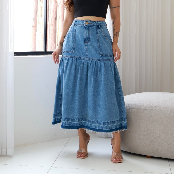 Saia Midi Jeans Feminina com Bolsos Moda Fashion Evangélica
