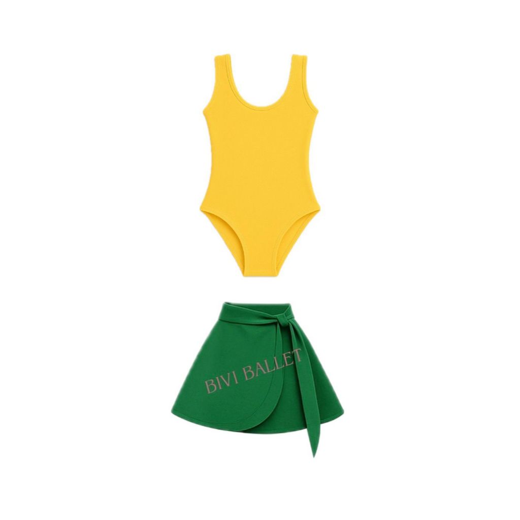 Kit 2 itens Brasil / Collant regata AMARELO + Saia VERDE BANDEIRA - Transpassar