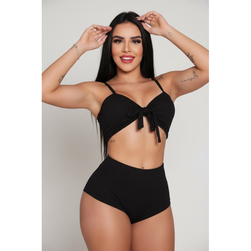 Biquíni Hot Pant COM BOJO Top Cintura Alta Cropped Cropped Suplex