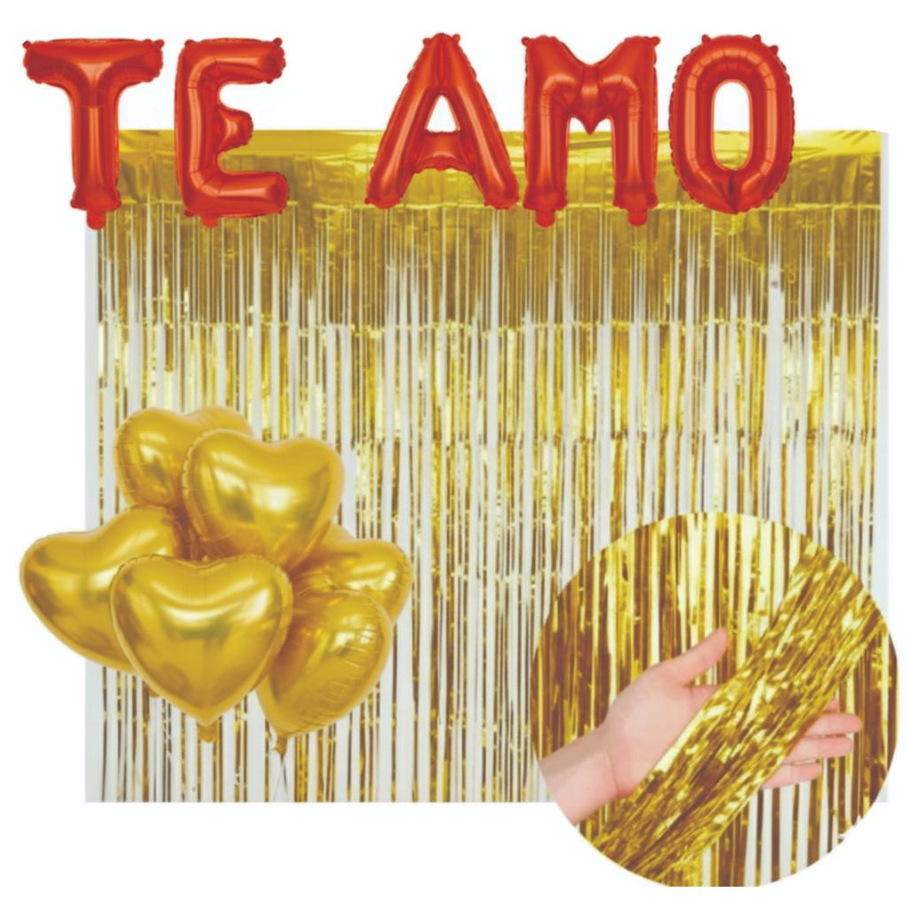 Kit balão metalizados Decoração Romântica Namorados 2 Cortinas 5 Balões Coração Balões TE AMO
