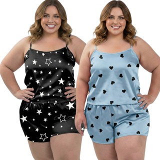 Kit 2 Conjuntos Plus Size Baby Doll Short Doll Estampado Sem Bojo Pijamas Feminino Premium em Oferta na Shopee