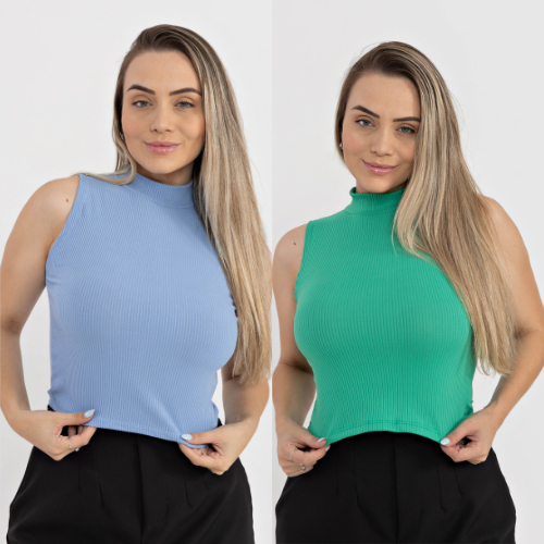 Kit 2 Cropped Feminino Regata Canelada Gola Média Blogueira Promoção Confortável Level Tendência Chique Cores Sortida