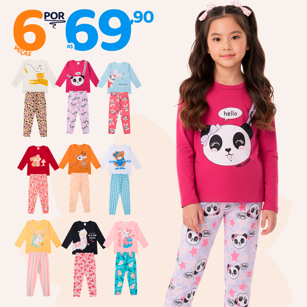 Kit Sortido 6 Peças de Roupas Feminino Infantil Inverno e meia estação – 3 camisas manga longa + 3 calças legging em Oferta na Shopee