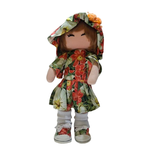 Boneca de Pano Florzinha Artesanal - Vestido Floral e Chapéu de Camponesa