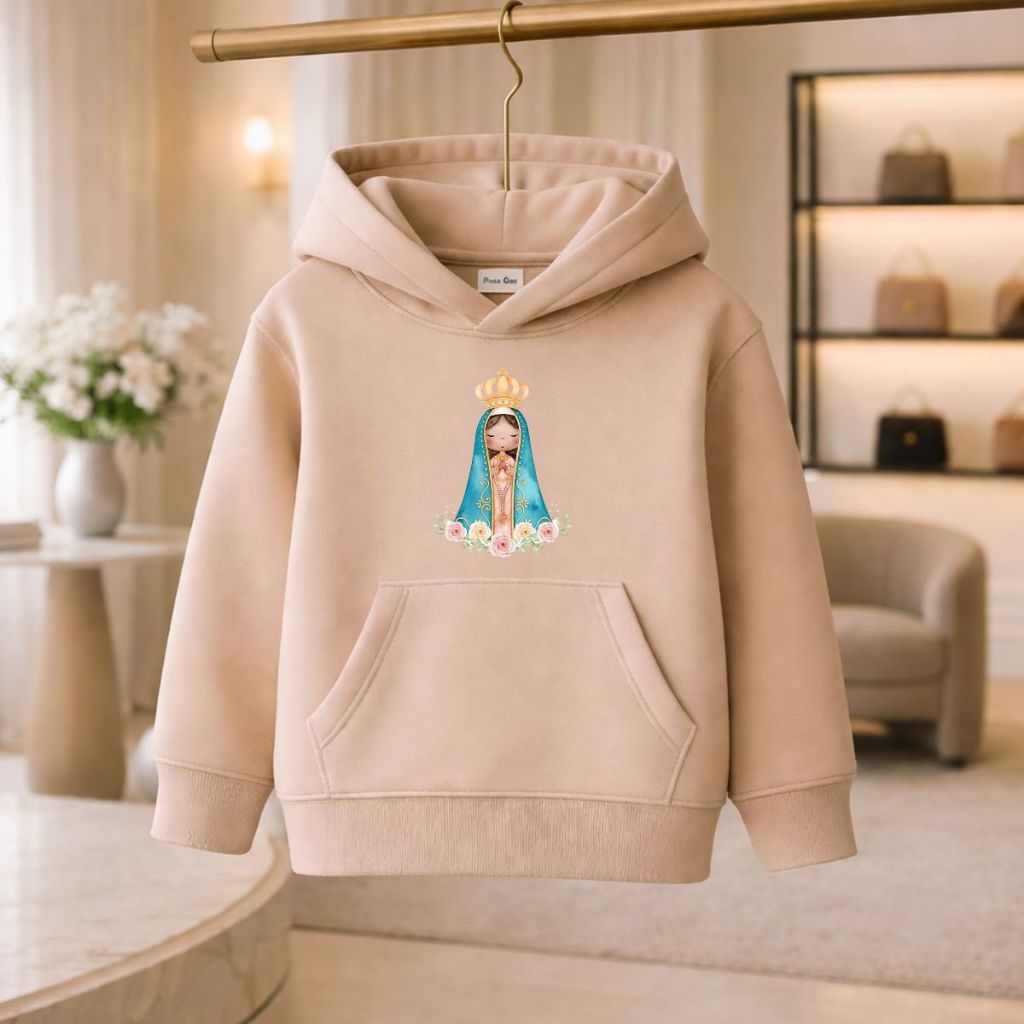 Moletom Juvenil Feminino Nossa Senhora Aparecida Casaco Peluciado Com Capuz Bolso Canguru Religião