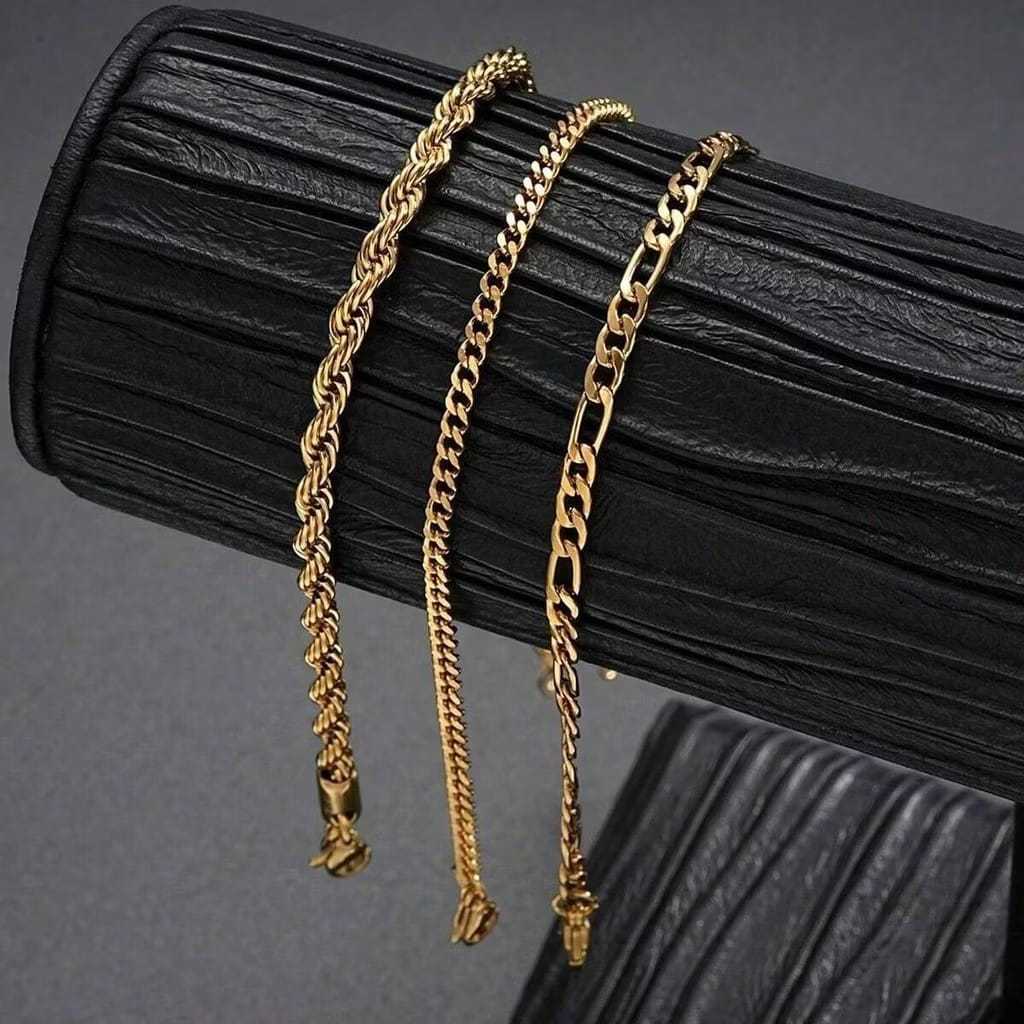 Kit 3 Pulseira Masculina Aço Inox Dourado Cordão Baiano Grumet Antialérgica Não Escurece