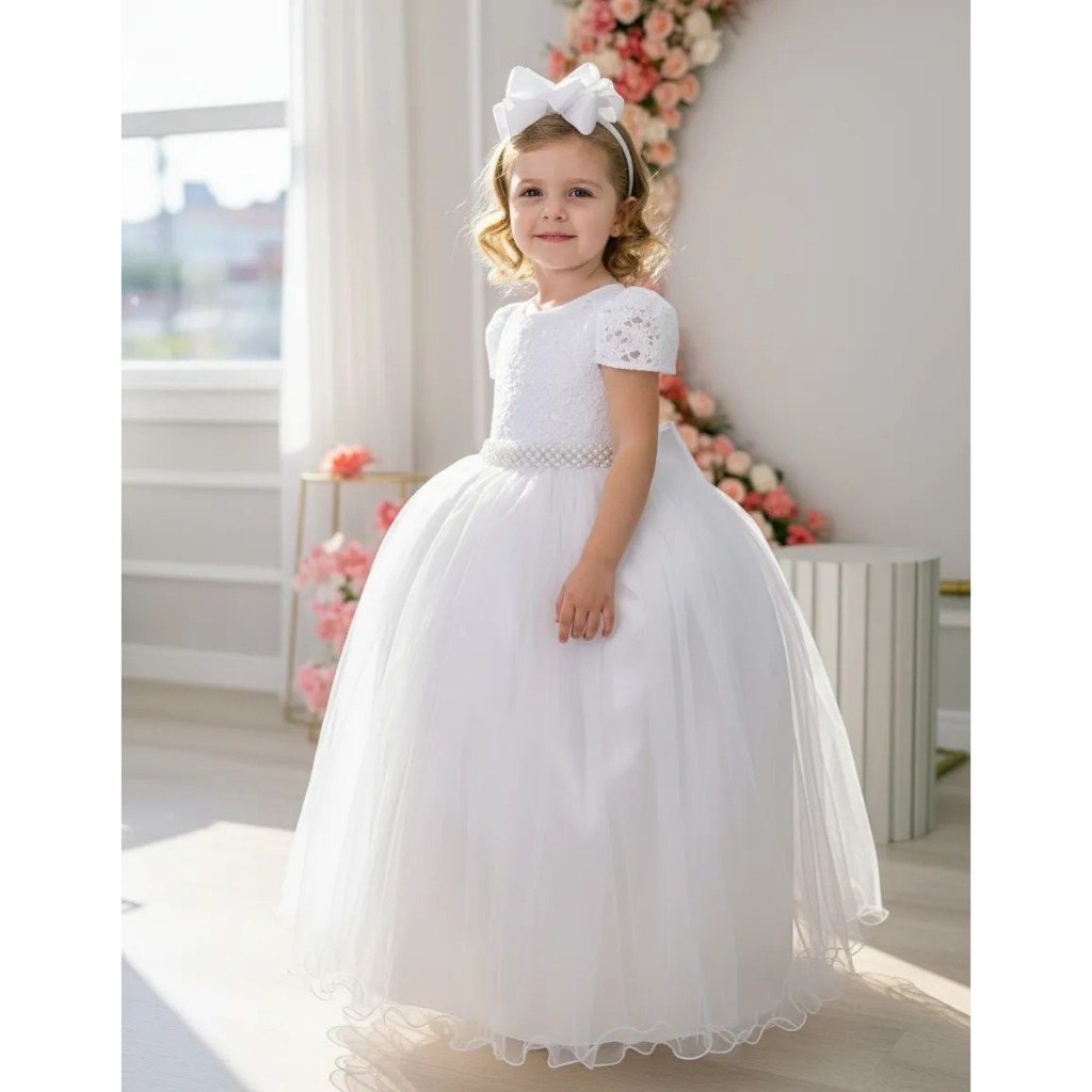Vestido Infantil Realeza Luxo Branco Longo Festa Daminha Florista Noivinha