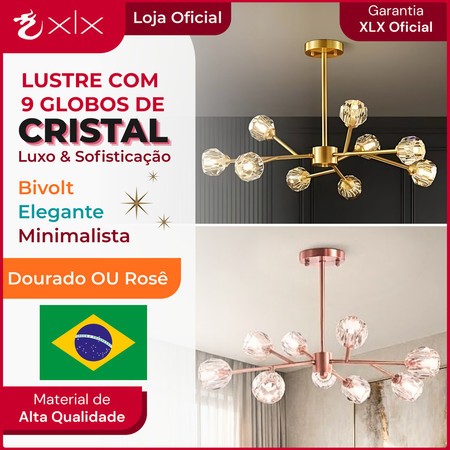 Lustre 9 / 12 Globos Pendente de cristal XLX Dourado Rose Luminária de Teto Pendente Luxo Moderno