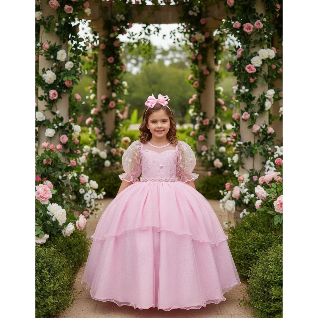 Vestido Longo Eva Rosa Bebe Bella Child Batizado Daminhas Festa Evento