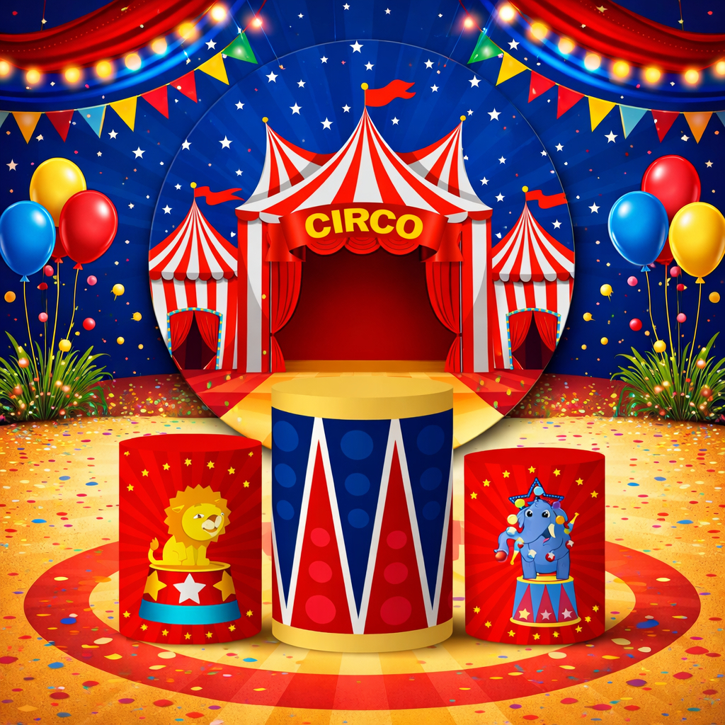 Trio Capas Cilindros + Painel Tema Circo Veste Fácil em Oferta na Shopee