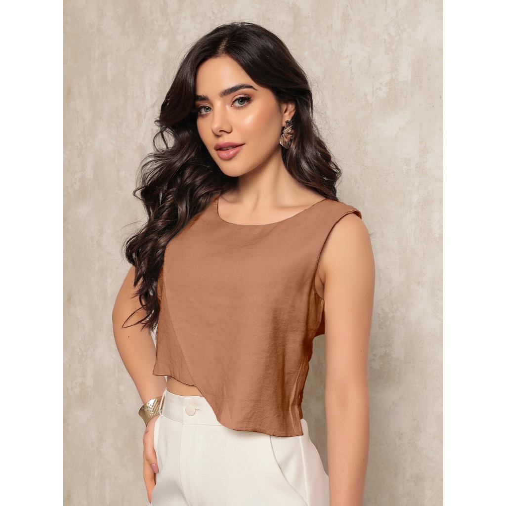 ONLYONE- BLUSA FEMENINO ELEGANTE CROPPED REGATA CONFECCIONADA EM MARANTE RECORTE FRONTAL- BLUSAS FEMININAS