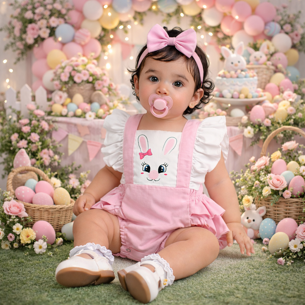 Romper Páscoa Menina Coelhinha Jardineira Body Festa Mesversário com Detalhes em Pompom