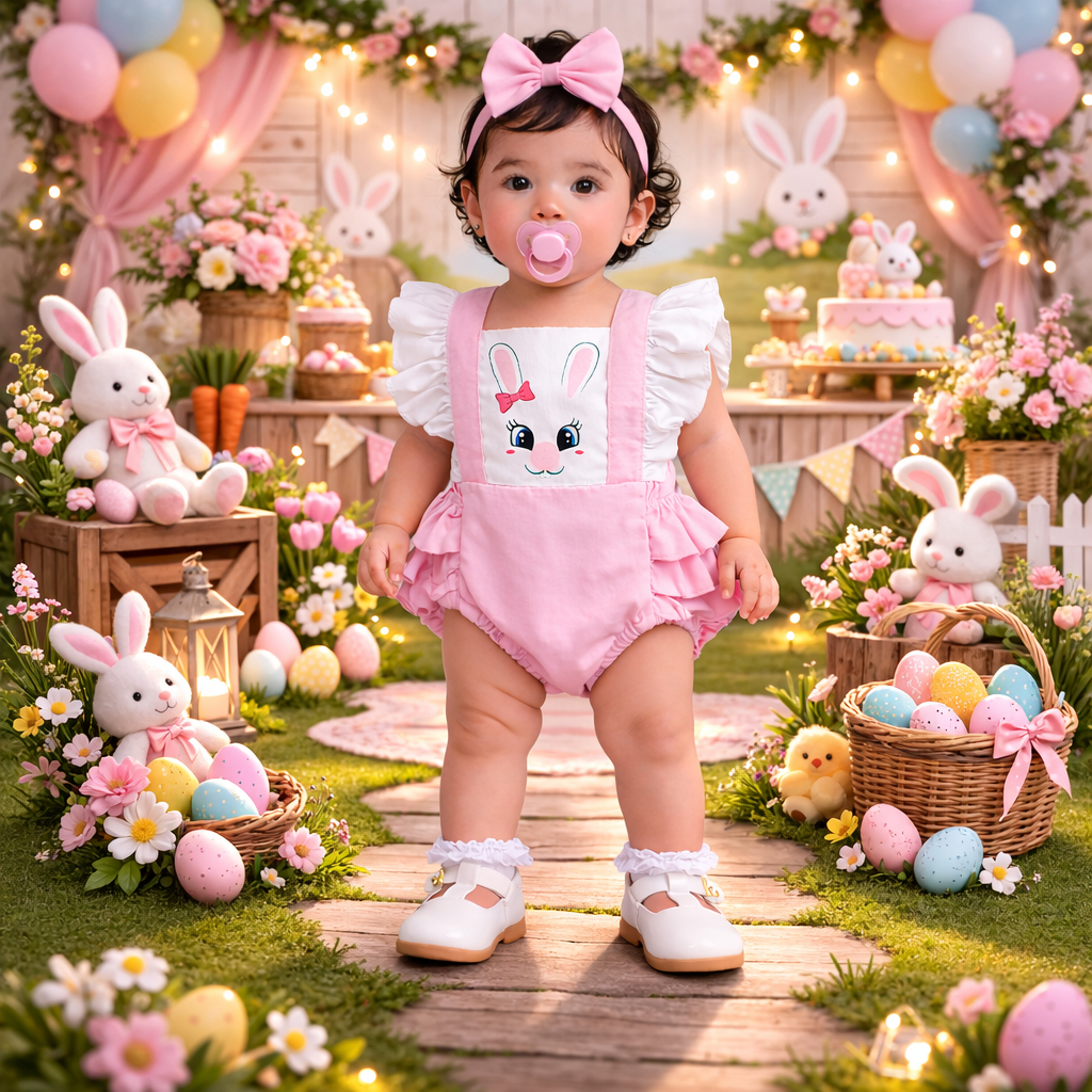 Jardineira Romper Body Bebê Coelhinha da Pascoa com Detalhes em Pompom Acabamento perfeito