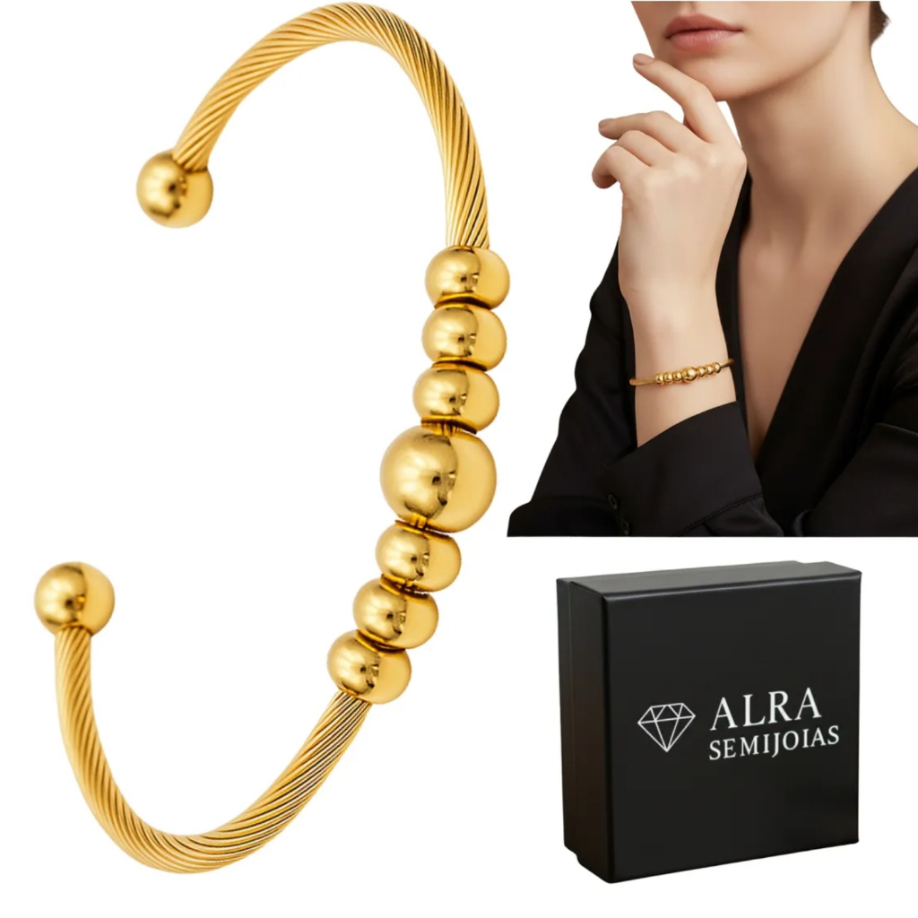Pulseira Feminina Bolinhas Dourada Ajustável Aço Inoxidável Dourado + Caixa Antialérgica Elegante Original
