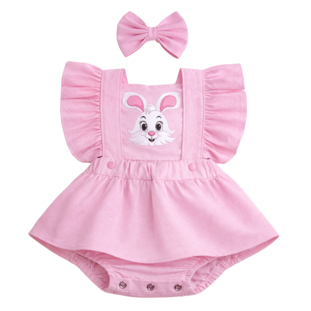 Romper Jardineira Coelhinha da Pascoa Modelo Saia Roupa Menina Bebê
