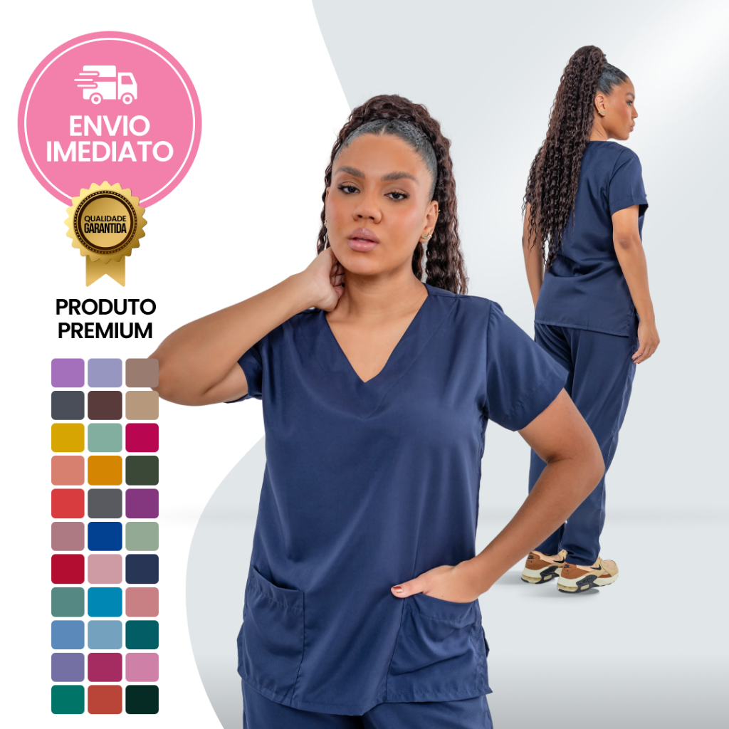 Pijama Hospitalar Feminino Azul Marinho Scrubs Cirúrgico Privativo Enfermagem 16 Cores Mais Vendido