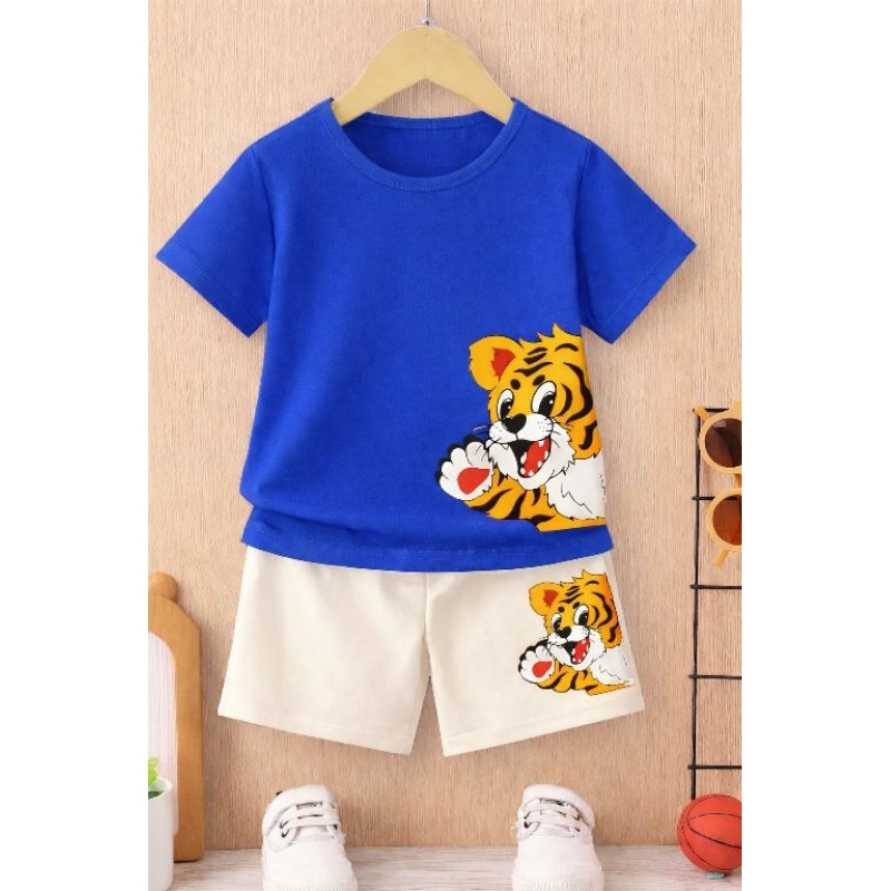 Conjunto 2 peças menino infantil camiseta regata e bermuda moletinho Tactel dia a dia estampados tigre Premium