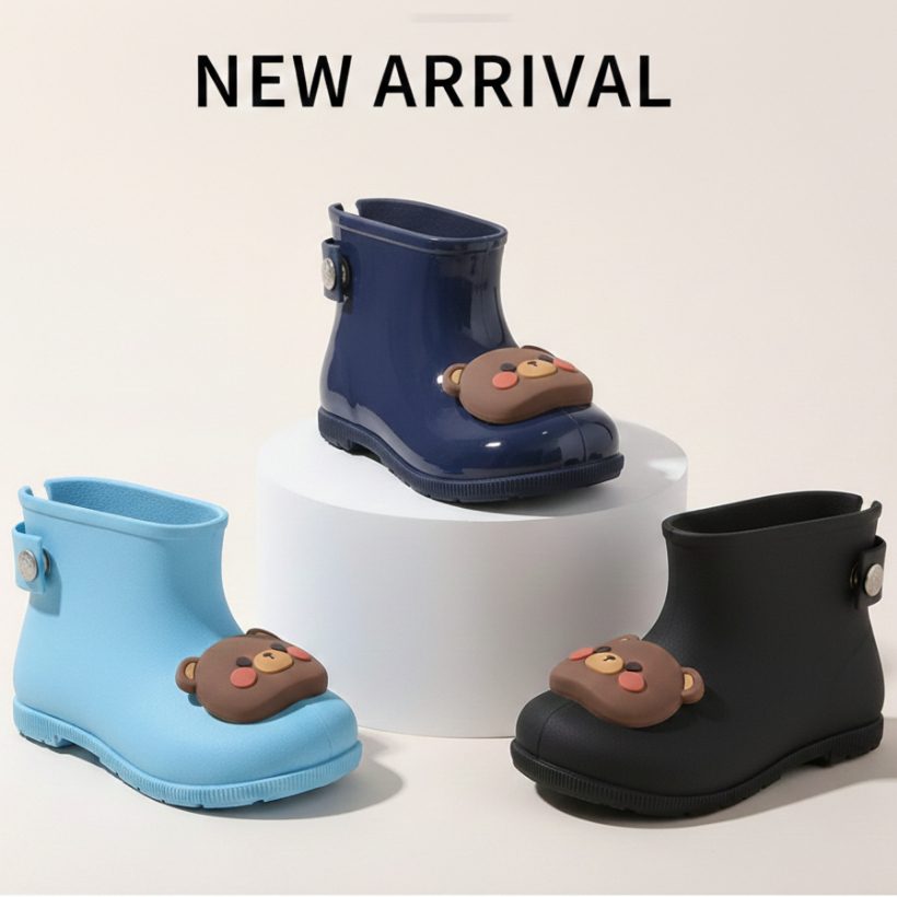 Bota Galocha Infantil Menino Cano Curto Ursinho 3D Impermeável Chuva