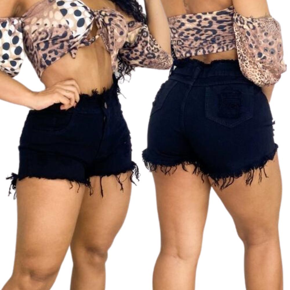 Short Feminino Jeans Cós Alto Cintura Alta Desfiado em Oferta na Shopee