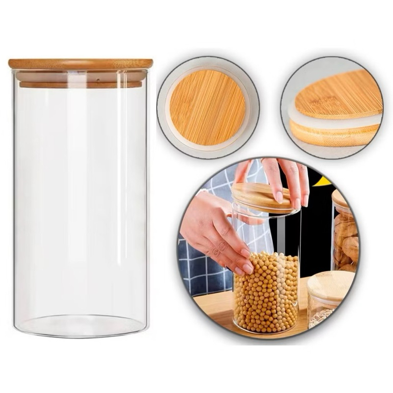 POTE DE VIDRO COM TAMPA DE BAMBU | TAM.: 22CM | CAPACIDADE: 1,5 LITROS | VEDAÇÃO HERMÉTICA | VISUAL MODERNO | PORTA COND