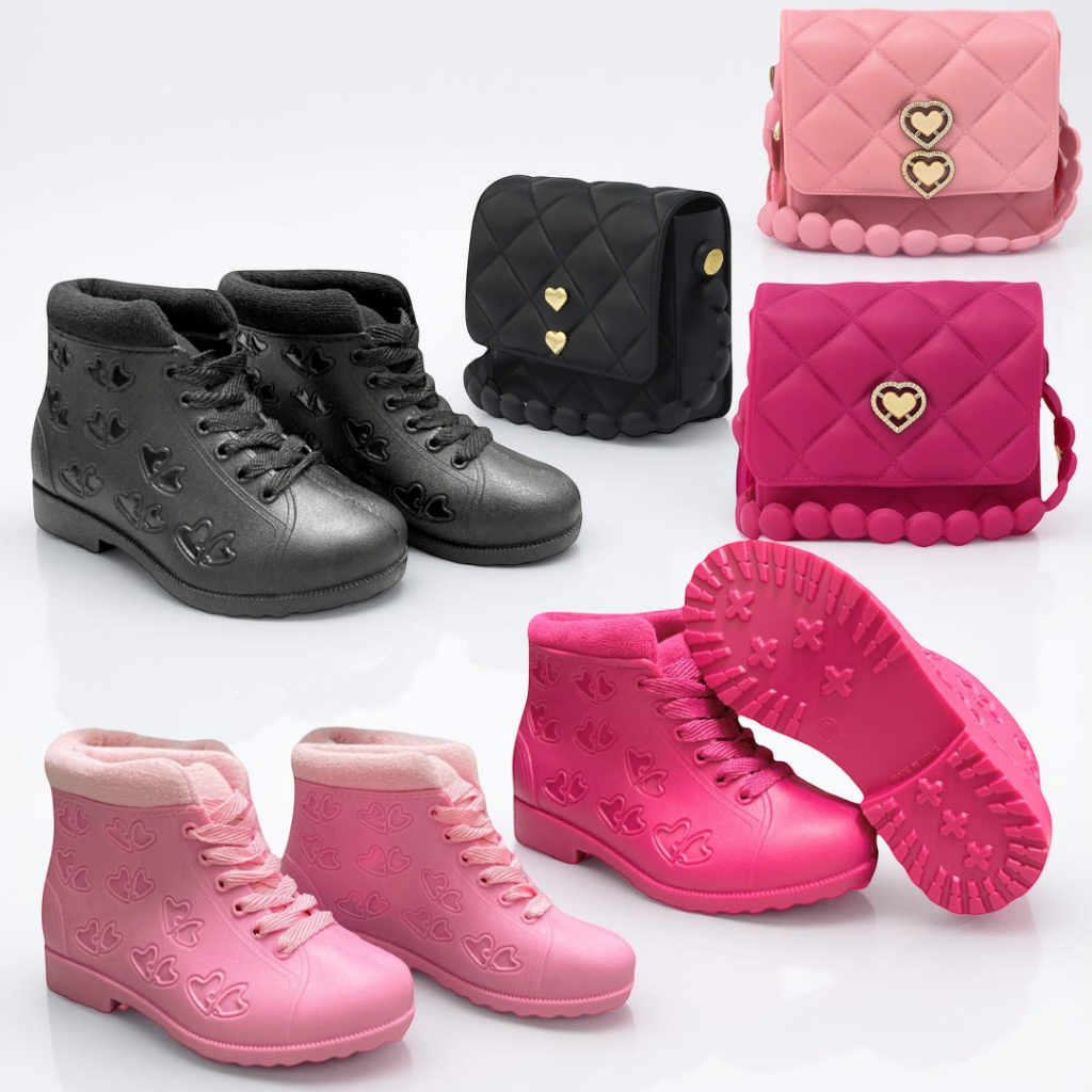 Conjunto Infantil Bota + Bolsinha Coração Feminino | Material Confortável E Impermeável