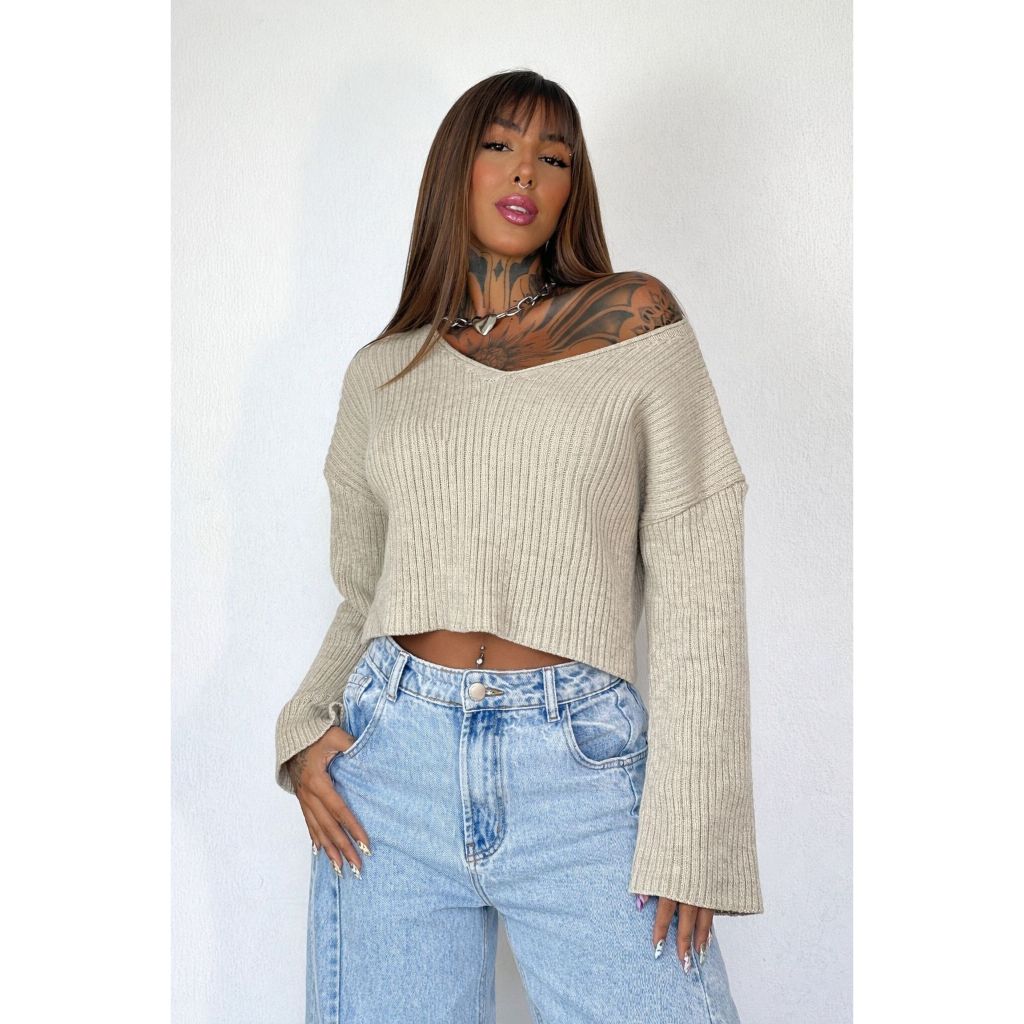 Suéter Cropped de Tricô Canelado Com Ombros Caídos, Blusas de Manga Longa em Oferta na Shopee