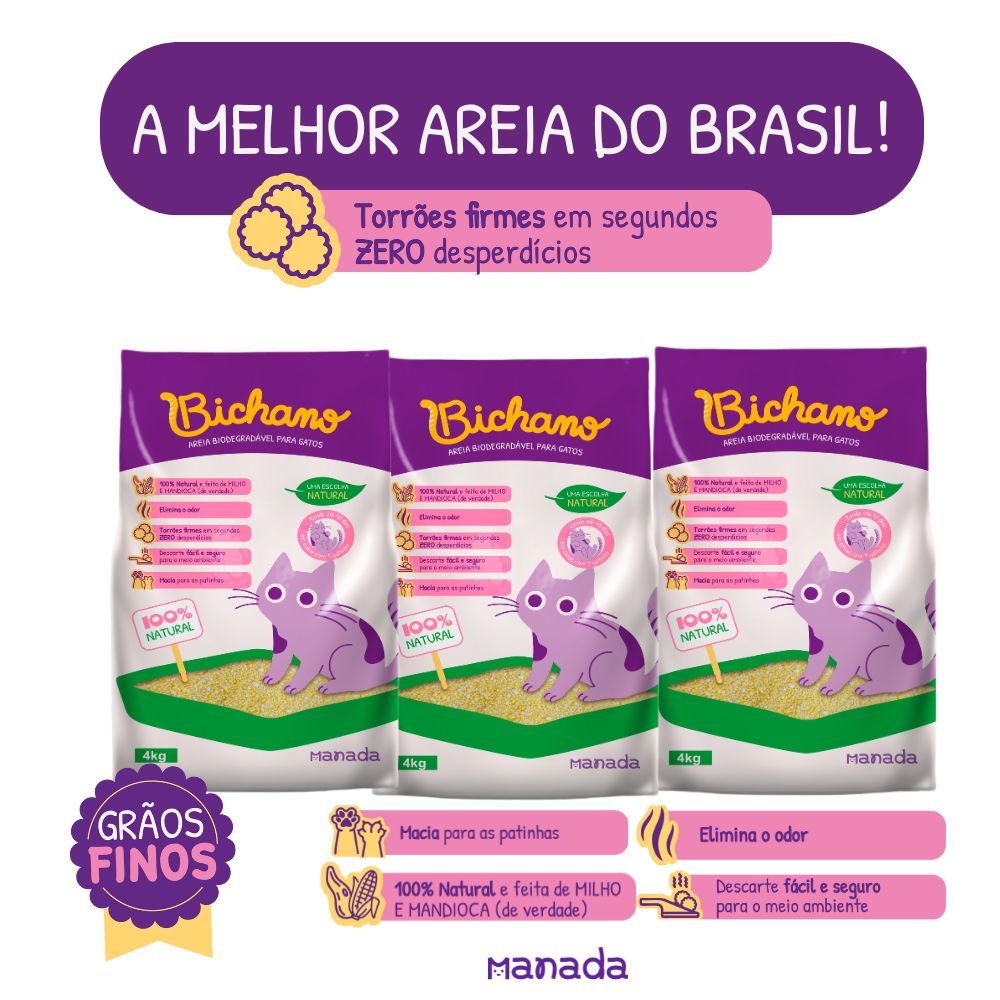 Kit 03 Unidades Areia Biodegradável Bichano Gatos Grãos Finos 12kg Manada Grão Fino Milho Mandioca em Oferta na Shopee