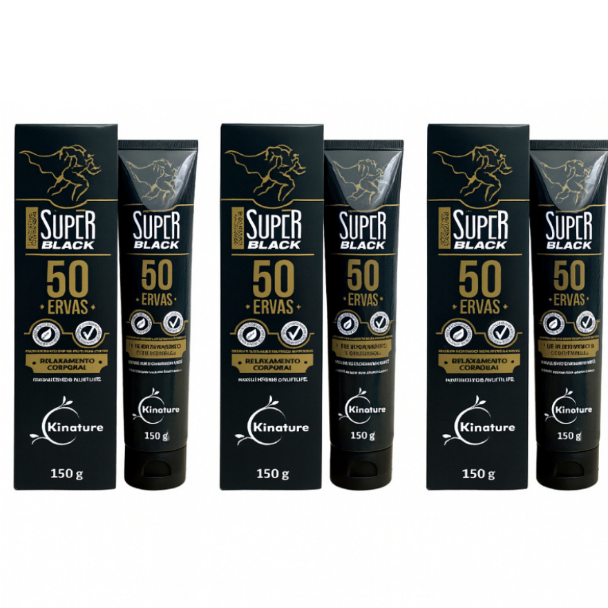 Kit c/ 3, 2, ou 1 Pomadas Massageadoras Super Black 50 Ervas 150g – Kinature Bio Instinto