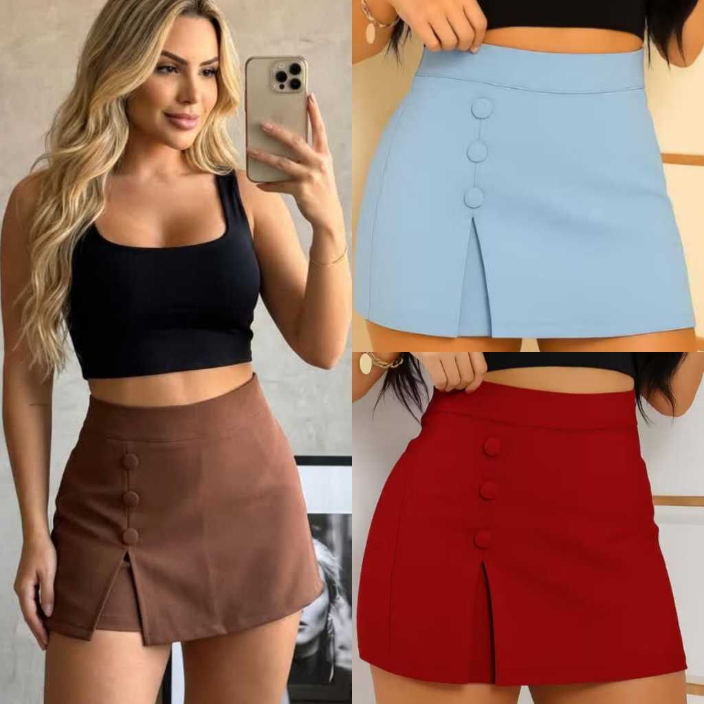 Short Saia Feminino Elegante Com Três Botões Forrados Tendencia Verão Com Zíper Na Lateral