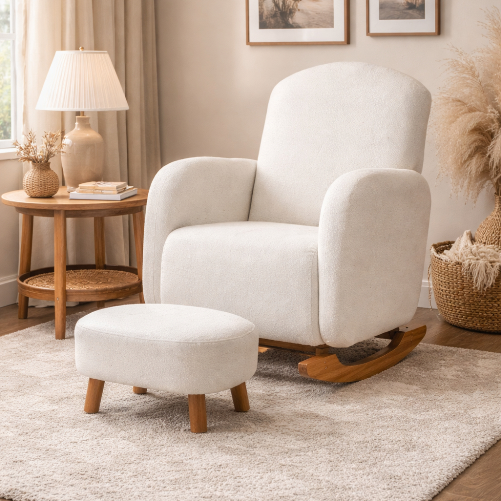 Poltrona Balanço Luxo Orgânica Boucle Bege ou Cinza com Puff para Sala Moderna