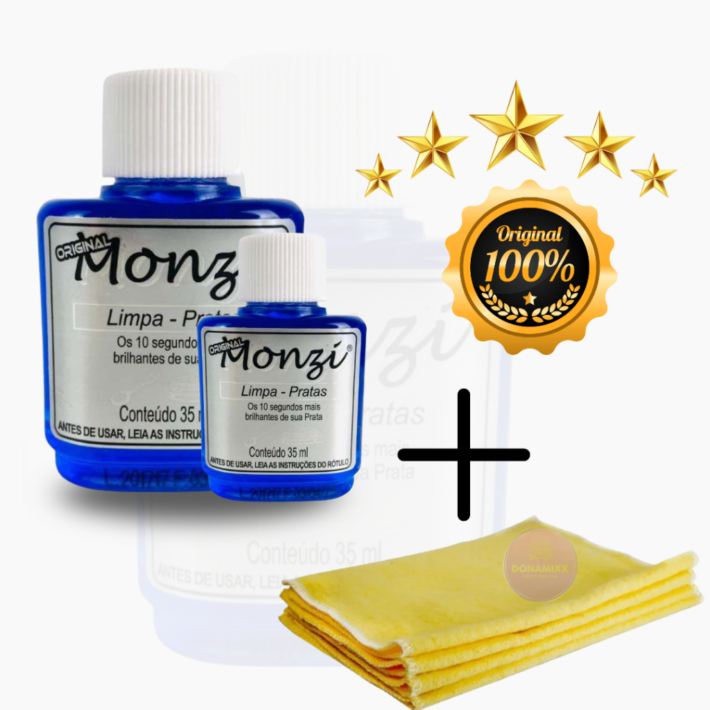 Monzi Limpa Prata Original 35ml+ Flanela Magica Polidora Fácil De Usar Limpa Prata Monzi Kit 1 a 5 Und