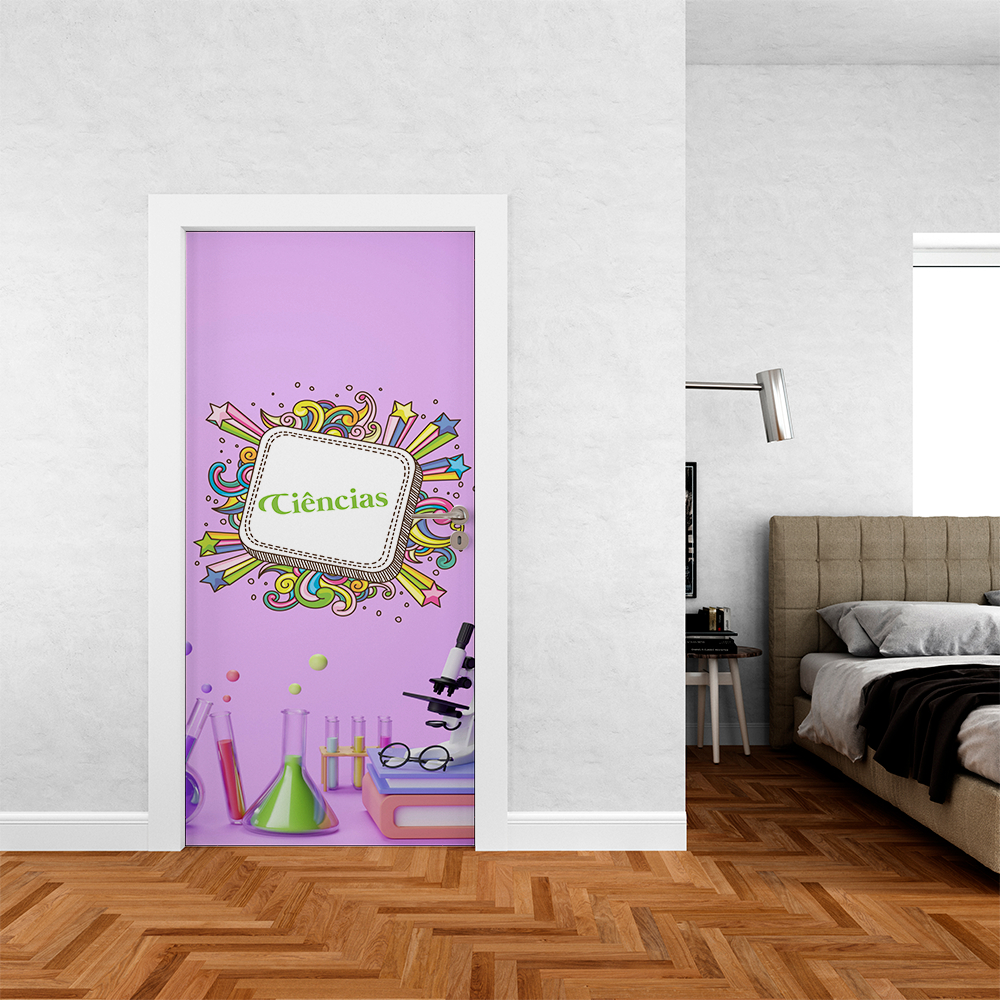 Capa Porta Decorativa Tecido Helanca Premium 85x210 Modelo Veste Fácil Decoração Volta Aulas Ciencia