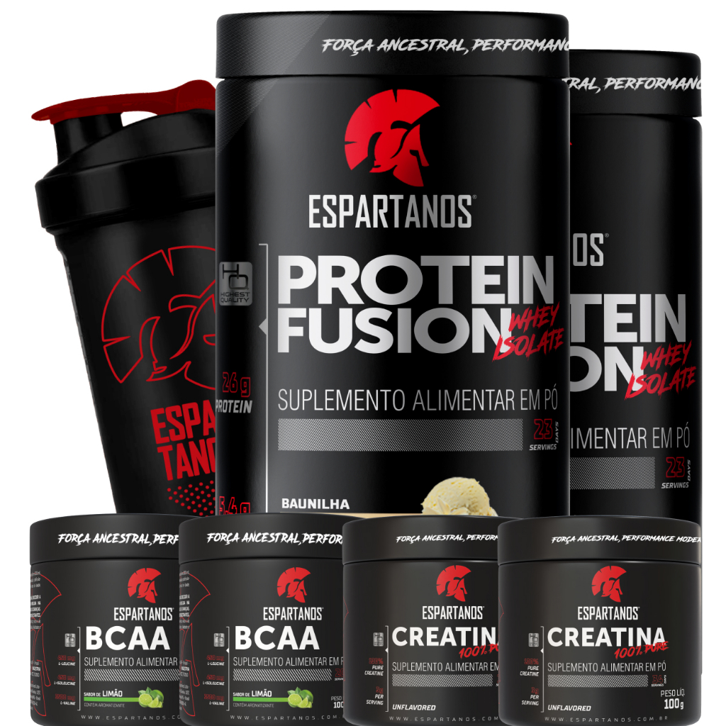 Kit 2x Whey Protein Fusion 900g + 2x Bcaa 3:1:1 60 Cáps + 2x Creatina 100% + Coqueteleira em Oferta na Shopee