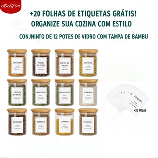 Belifou Kit 6/12 Pote hermético  200ML Pote De Vidro com Tampa bambu pote de mantimentos para cozinha em Oferta na Shopee