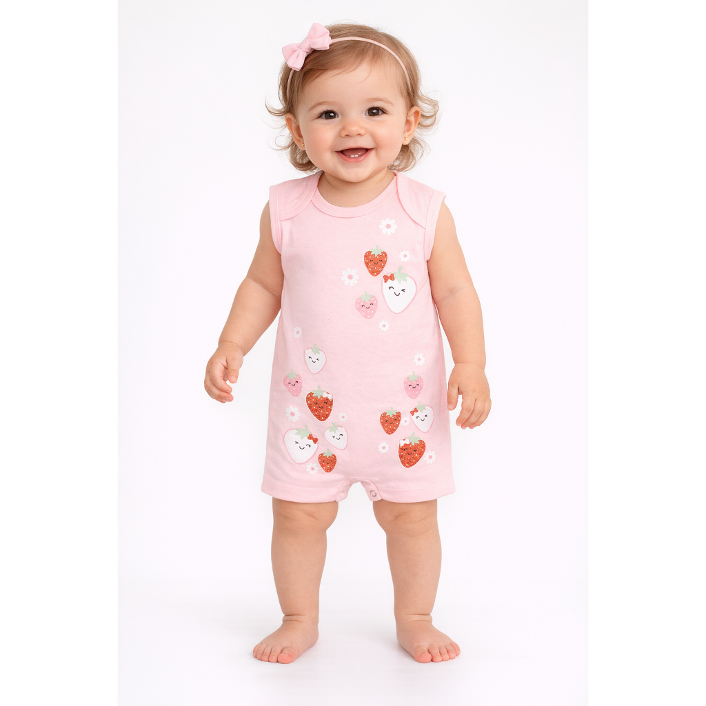 Macacão Romper Regata Estampa de Moranguinhos em Suedine Bebê Infantil Menina - Zupa Zuka em Oferta na Shopee