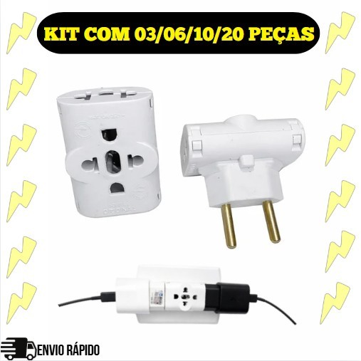 Kit Adaptador Tomada Benjamin T Invertido Bivolt 110/220V Plug 10A 03 Entradas 10A/20A - Cor Branca
