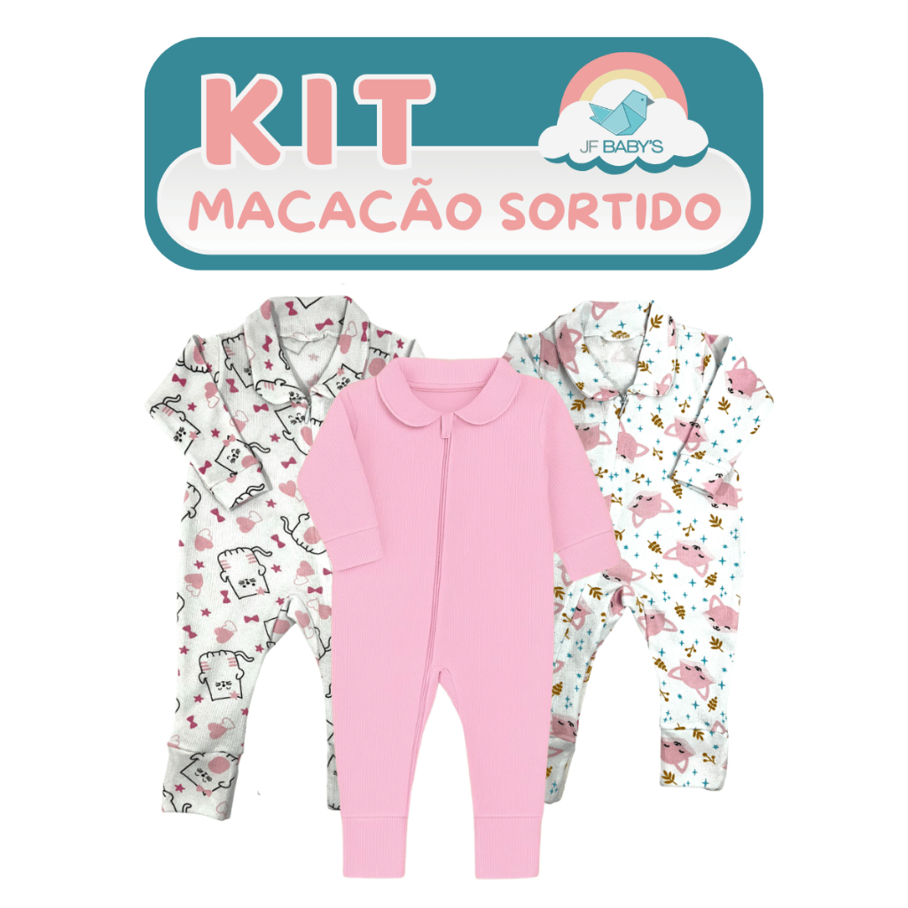 Conjunto de Macacão Menina Sortido Liso + Estampado Ribana Algodão Confortável com Zíper Frontal