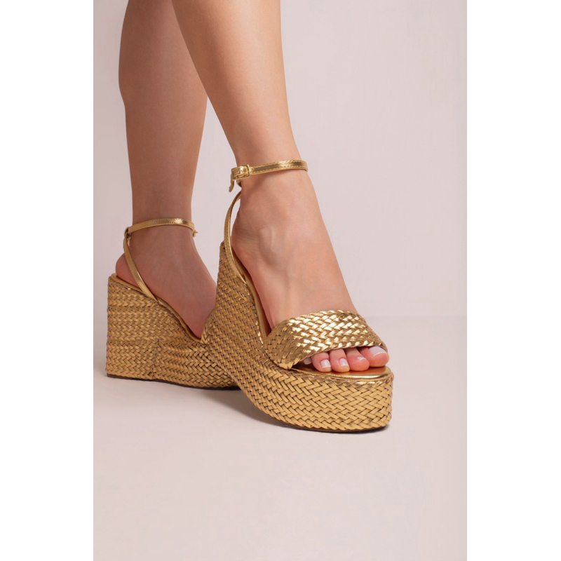 By Mariah | Sandália Anabela Plataforma Alta 12 CM | Tira Larga Trançada | Solado de Tresse