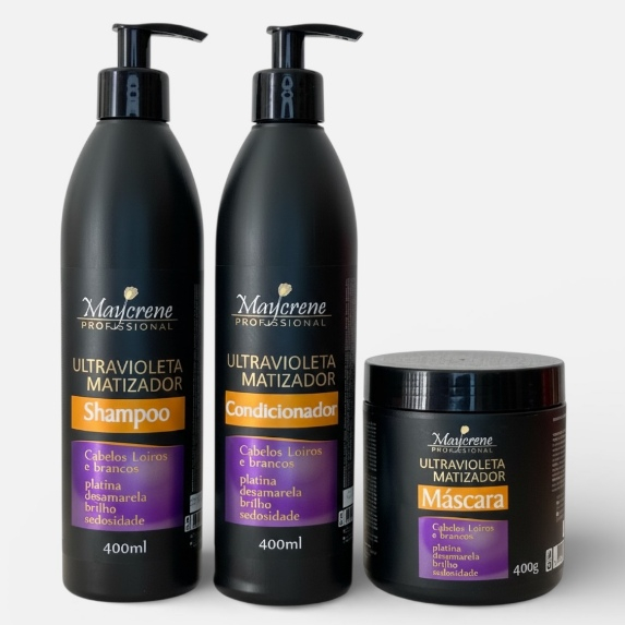 KIT ULTRA VIOLETA MATIZADOR SHAMPOO+ CONDICIONADOR E MASCARA EFEITO PLATIONADO PARA CABELOS LOIROS -BRANCOS E COM MECHA