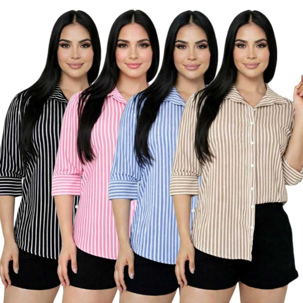Camisa Listrada Feminina Elegante Manga 3/4 Moda Casual em Oferta na Shopee
